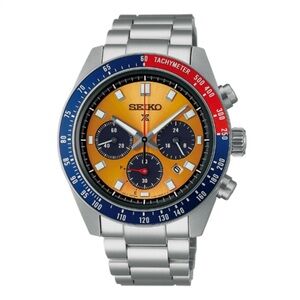 Seiko prospex red Silver Watch with Blue and Orange Dial.